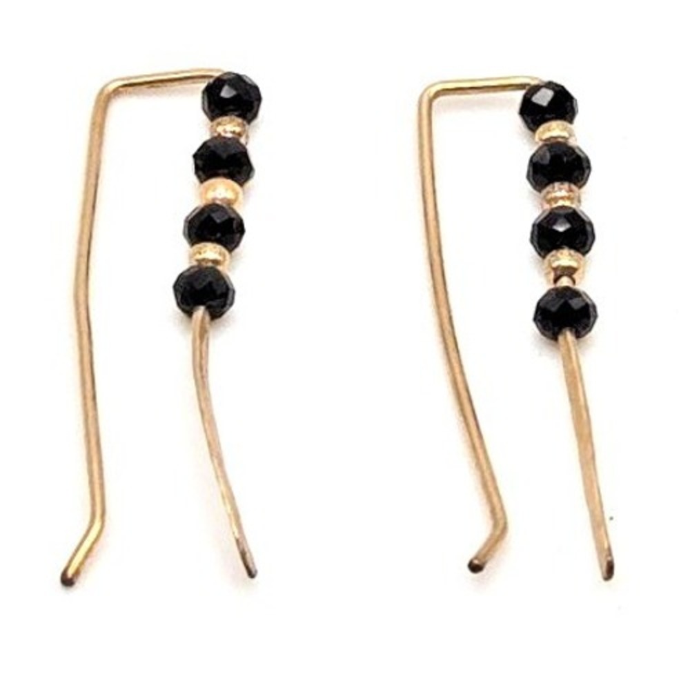 Delicate Gold Tone Wire Earrings Black Glass Rondelles Gold Spacers Hammered End
